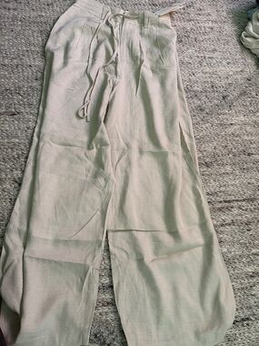 NWT Max Simple Wide Leg Linen-Blend Drawstring Pants — Light Beige SZ Medium